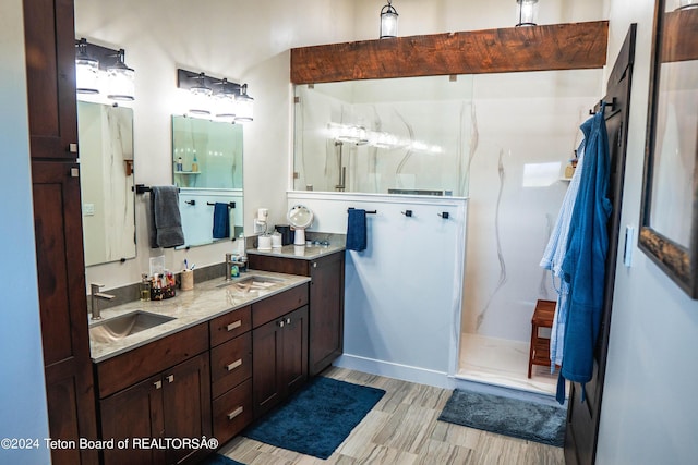 bathroom featuring walk in shower and vanity