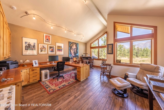 home office featuring vaulted ceiling, dark wood-type flooring, and track lighting