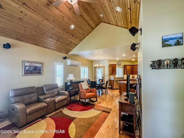 living room featuring light hardwood / wood-style flooring, high vaulted ceiling, a wall mounted air conditioner, ceiling fan with notable chandelier, and wooden ceiling