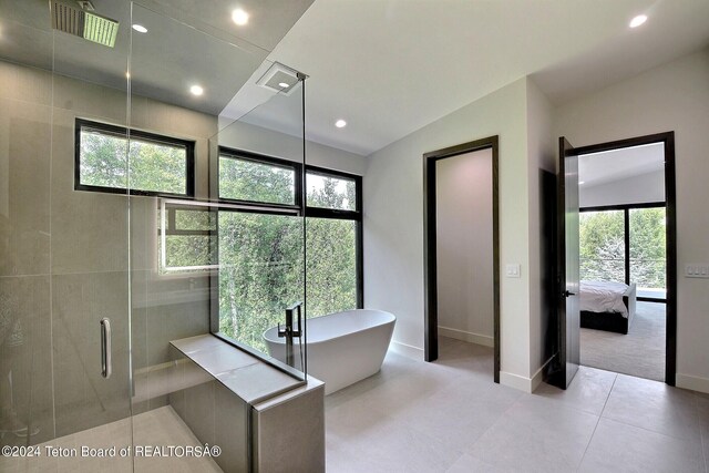 bathroom with a healthy amount of sunlight, tile patterned flooring, and independent shower and bath