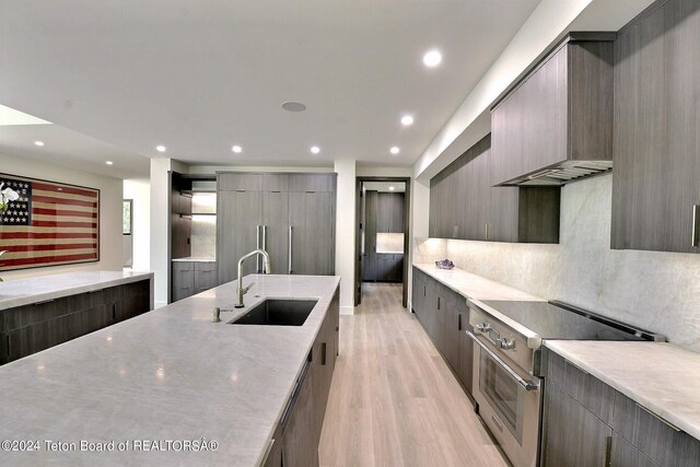 kitchen with stainless steel range oven, decorative backsplash, sink, light wood-type flooring, and light stone counters