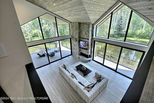 living room featuring a towering ceiling, plenty of natural light, light hardwood / wood-style flooring, and a stone fireplace