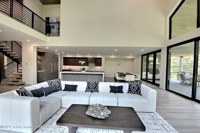 living room with light wood-type flooring and a high ceiling