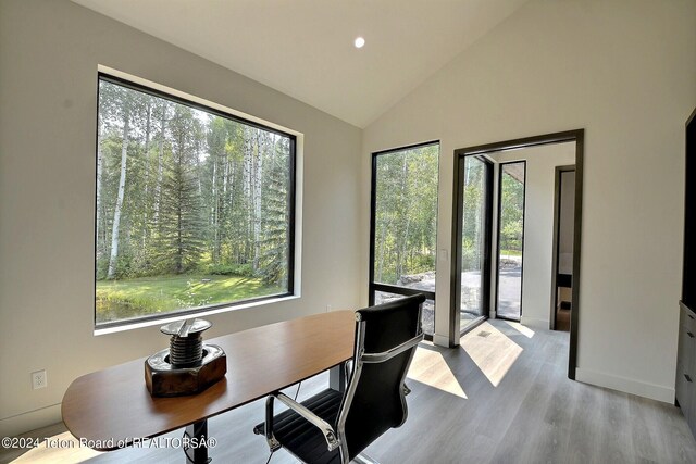 office area with vaulted ceiling, a healthy amount of sunlight, and light hardwood / wood-style flooring