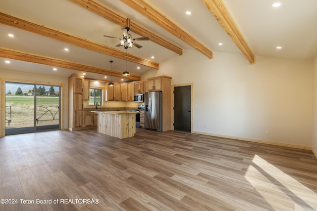 1424 Fairview Dr, Dubois, WY 82513 - kitchen with stainless steel appliances, open floor plan, a center island, recessed lighting, and ceiling fan