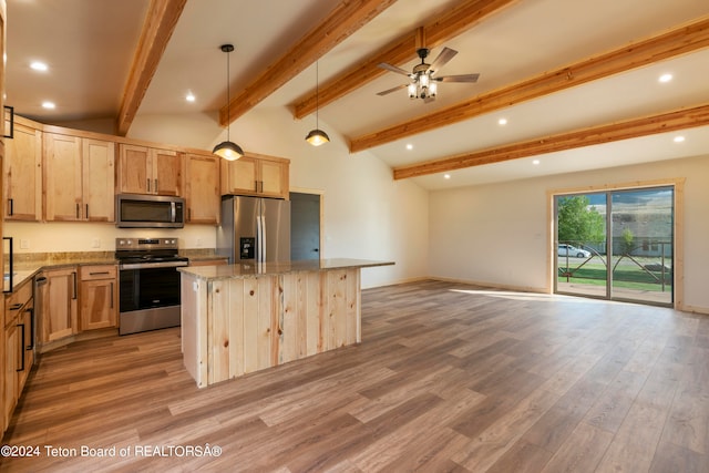 kitchen featuring decorative light fixtures, ceiling fan, hardwood / wood-style flooring, stainless steel appliances, and a center island