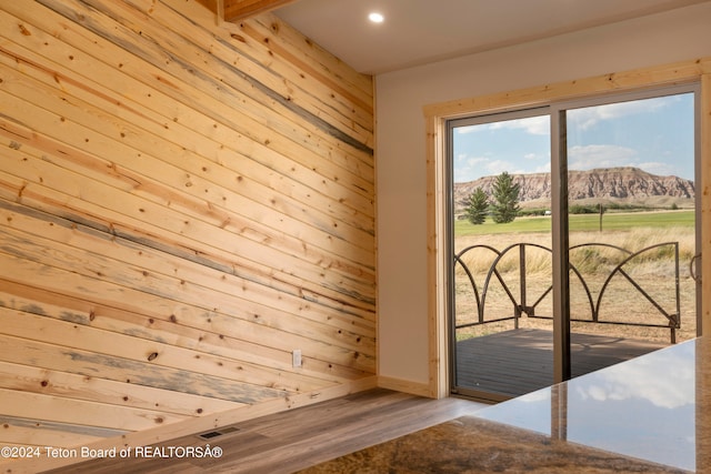 interior space featuring a mountain view, wood walls, and light wood-type flooring