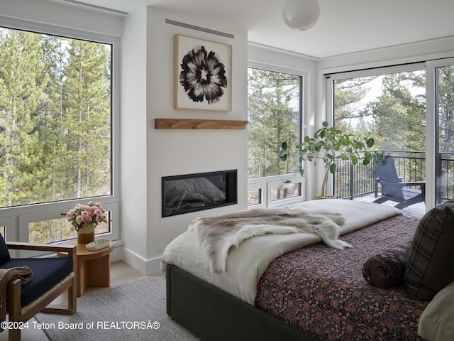 7750 N Lower Granite Ridge Rd, Teton Village, WY 83025 - bedroom featuring access to exterior, wood finished floors, a glass covered fireplace, and baseboards