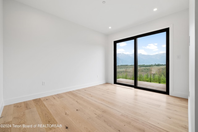 unfurnished room featuring light wood-type flooring, a mountain view, and a healthy amount of sunlight