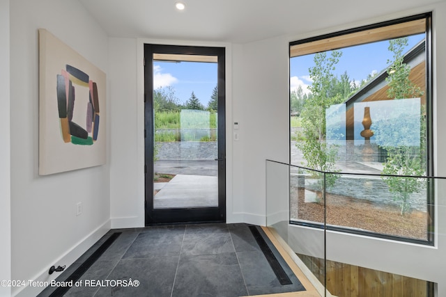 doorway featuring a healthy amount of sunlight and dark tile patterned flooring