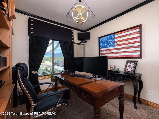 carpeted home office featuring crown molding