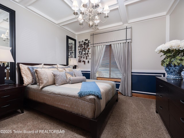 bedroom with crown molding, coffered ceiling, a chandelier, and carpet floors