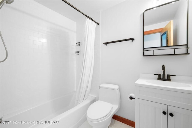 full bathroom featuring toilet, vanity, and shower / bathtub combination with curtain