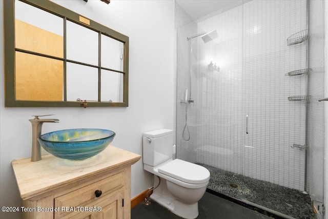 bathroom featuring toilet, vanity, and walk in shower