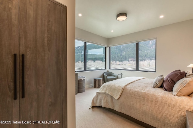 carpeted bedroom with a mountain view