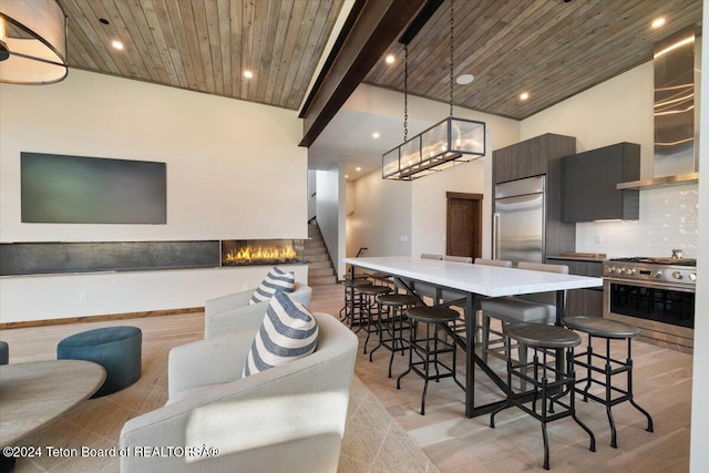 kitchen with stainless steel appliances, backsplash, wall chimney range hood, a breakfast bar, and wood ceiling