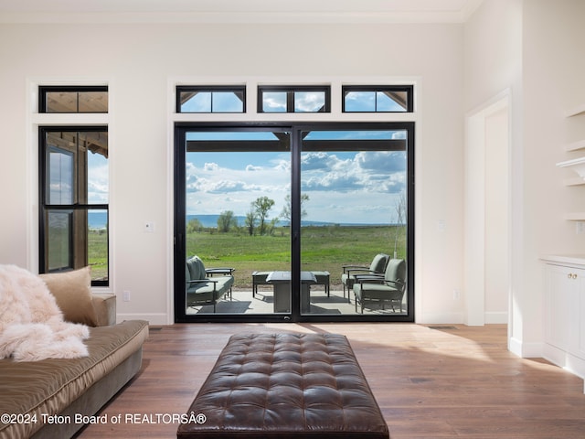 doorway featuring hardwood / wood-style flooring and crown molding