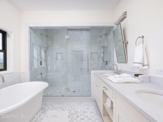 bathroom with vanity, separate shower and tub, and tile patterned flooring