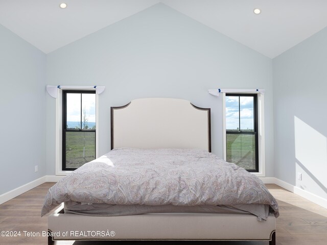 bedroom featuring high vaulted ceiling, multiple windows, and light hardwood / wood-style flooring