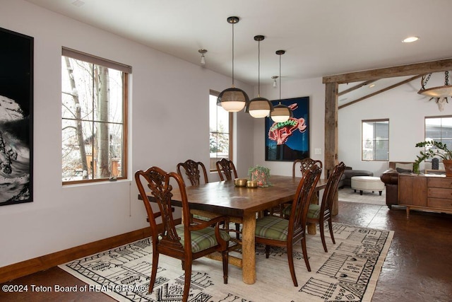 dining room with baseboards, lofted ceiling with beams, recessed lighting, and a healthy amount of sunlight