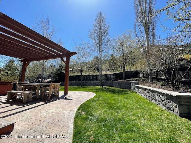 view of yard with outdoor dining space, a patio area, and a fenced backyard