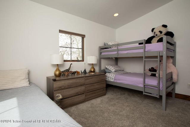 carpeted bedroom with lofted ceiling and recessed lighting