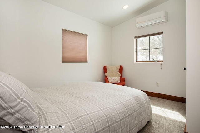 bedroom with baseboards, lofted ceiling, a wall mounted air conditioner, carpet, and recessed lighting