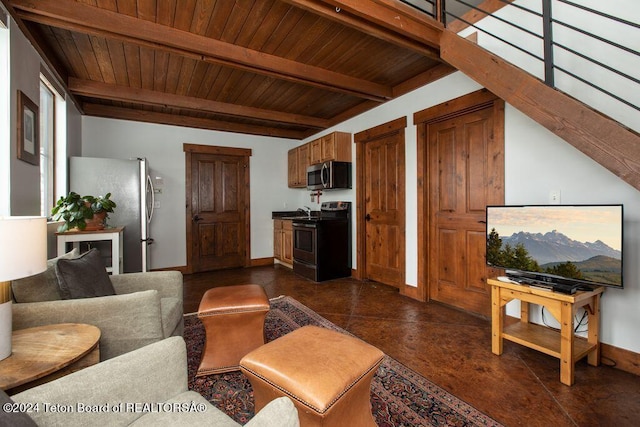 living area featuring beam ceiling, wood ceiling, and baseboards