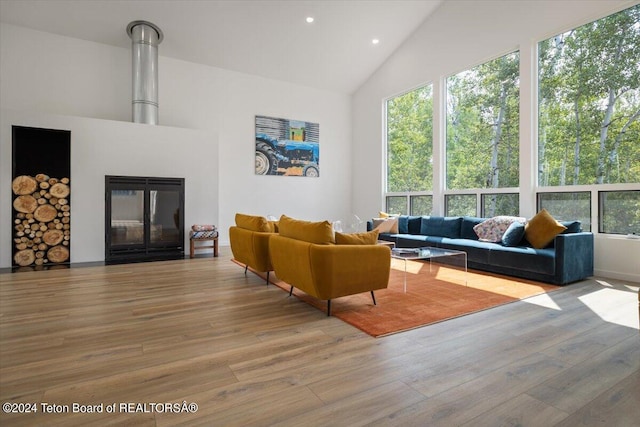 living room with wood-type flooring and high vaulted ceiling