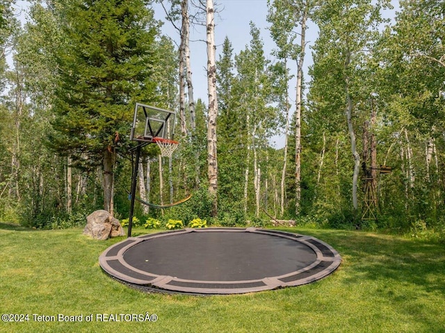 view of sport court featuring a lawn and a trampoline