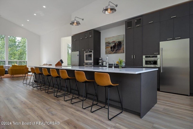 kitchen with appliances with stainless steel finishes, lofted ceiling, light wood-type flooring, and a large island