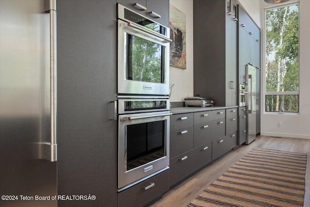 kitchen featuring light hardwood / wood-style flooring and stainless steel double oven