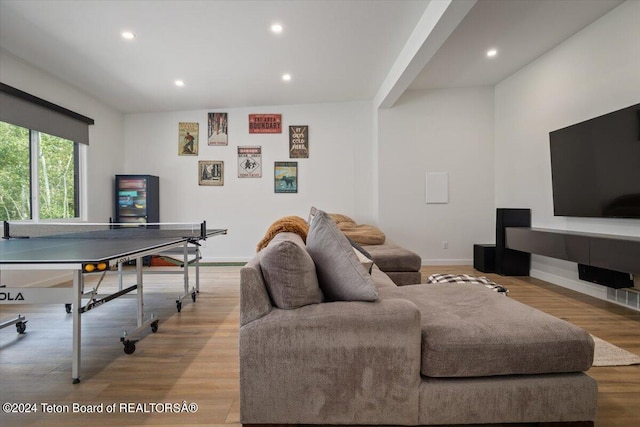 living room featuring lofted ceiling and light hardwood / wood-style flooring