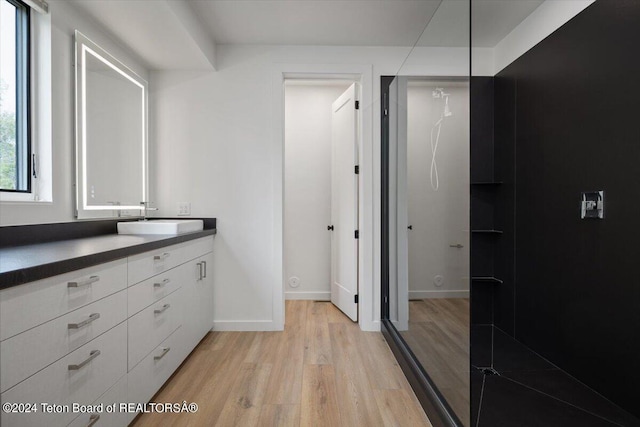 bathroom with vanity and hardwood / wood-style flooring