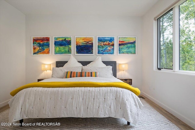 bedroom with multiple windows and light hardwood / wood-style floors