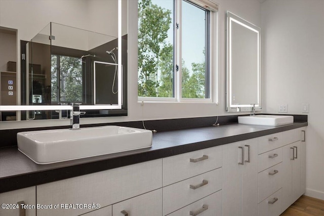 bathroom featuring hardwood / wood-style floors, a wealth of natural light, and vanity