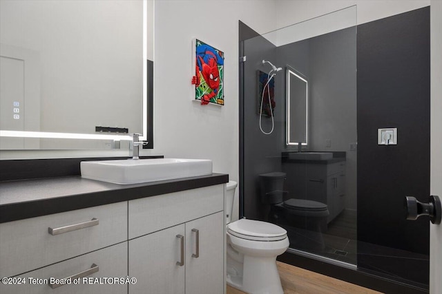 bathroom featuring hardwood / wood-style floors, vanity, and toilet