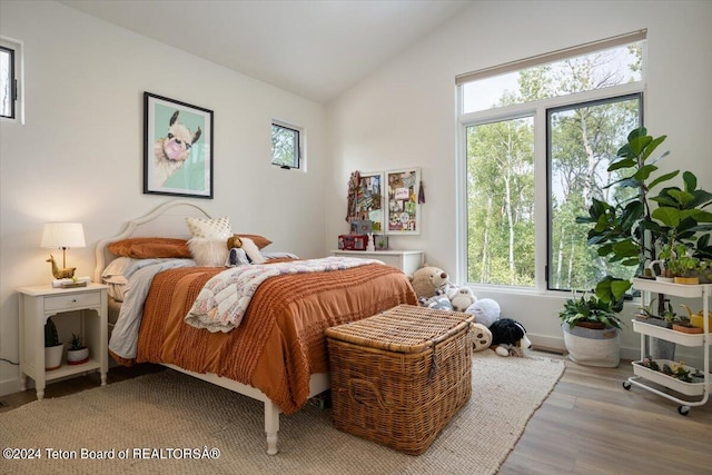 bedroom featuring light hardwood / wood-style flooring, multiple windows, and vaulted ceiling