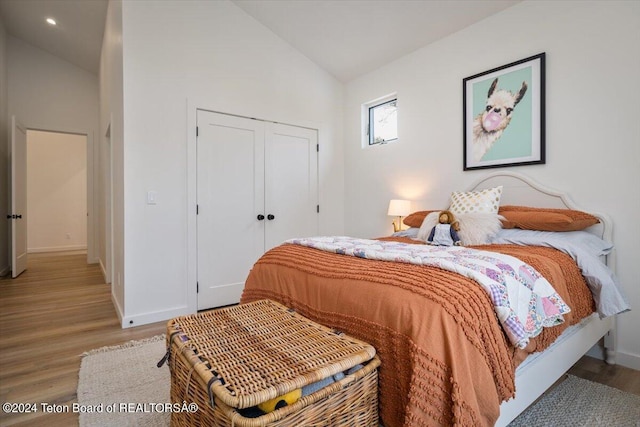 bedroom with wood-type flooring, a closet, and high vaulted ceiling