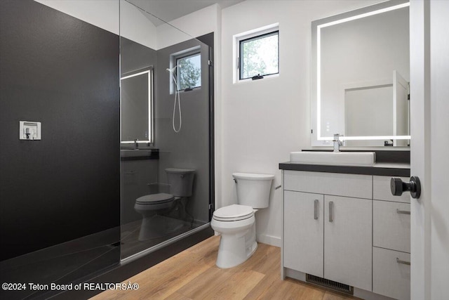 bathroom featuring vanity, hardwood / wood-style flooring, and toilet