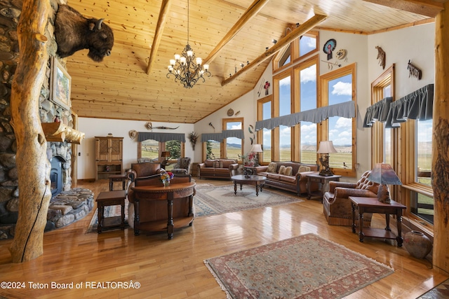 14 Table Top Dr, Dubois, WY 82513 - living area with wood ceiling with exposed beams, high vaulted ceiling, a chandelier, and hardwood / wood-style flooring