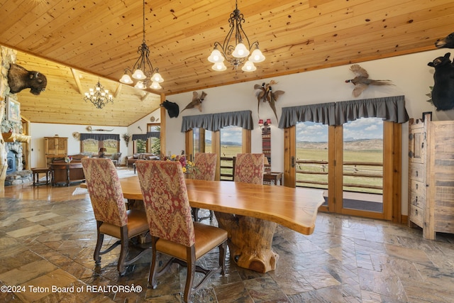 14 Table Top Dr, Dubois, WY 82513 - dining space with a chandelier, wood ceiling, stone tile floors, and lofted ceiling