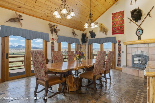 14 Table Top Dr, Dubois, WY 82513 - dining area featuring stone tile flooring, a chandelier, wooden ceiling, a mountain view, and high vaulted ceiling