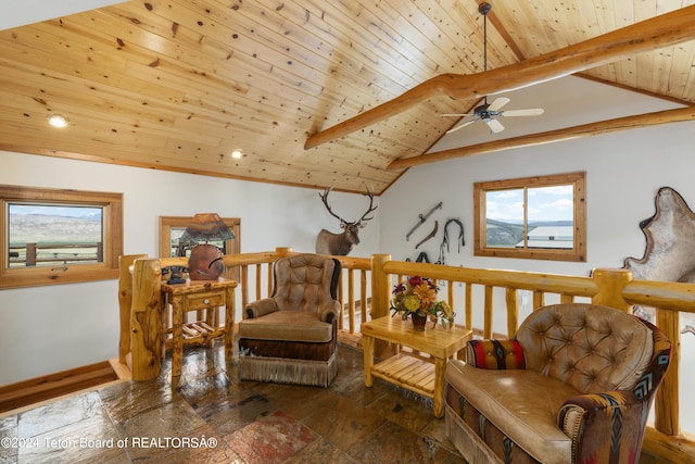 14 Table Top Dr, Dubois, WY 82513 - living area featuring wood ceiling, ceiling fan, an upstairs landing, recessed lighting, and stone finish flooring