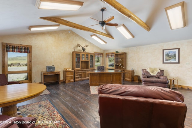 14 Table Top Dr, Dubois, WY 82513 - living area with dark wood-type flooring, beam ceiling, a ceiling fan, baseboards, and high vaulted ceiling
