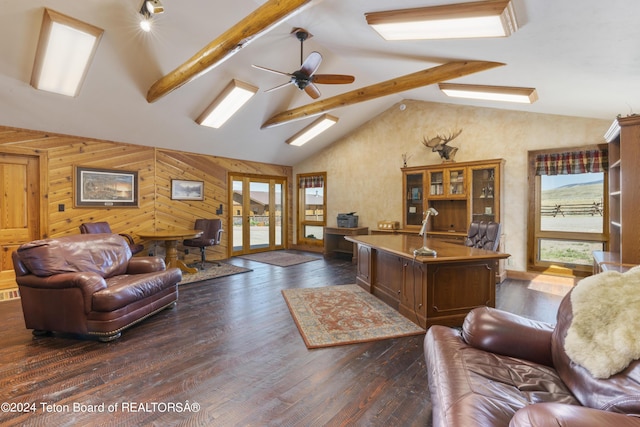 14 Table Top Dr, Dubois, WY 82513 - living area with dark wood-style flooring, wood walls, a ceiling fan, and french doors