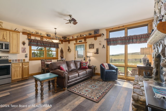 14 Table Top Dr, Dubois, WY 82513 - living room with dark wood-type flooring, a ceiling fan, healthy amount of natural light, and baseboards