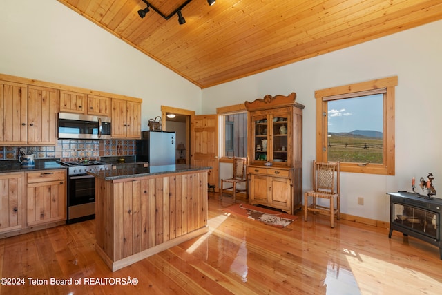 kitchen with wooden ceiling, light hardwood / wood-style floors, appliances with stainless steel finishes, backsplash, and track lighting