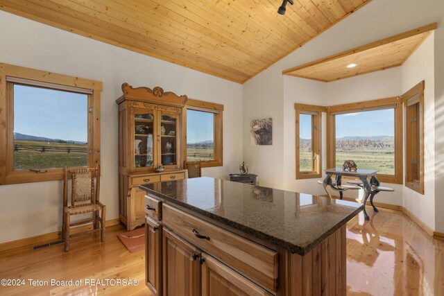 28 Table Top Dr, Dubois, WY 82513 - kitchen featuring lofted ceiling, healthy amount of natural light, light wood-style floors, dark stone counters, and wood ceiling