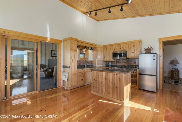 28 Table Top Dr, Dubois, WY 82513 - kitchen featuring stainless steel appliances, rail lighting, dark countertops, wooden ceiling, and backsplash